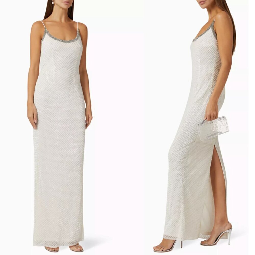 Mac Duggal White Beaded Slip Gown with Silver Trim